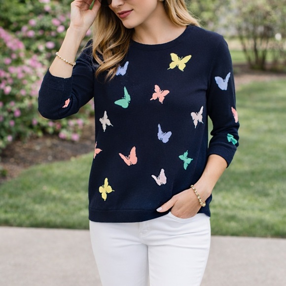 Talbots Sweaters - Talbots Petite Butterfly Sweater PS Navy Cotton Blend Spring Garden Preppy